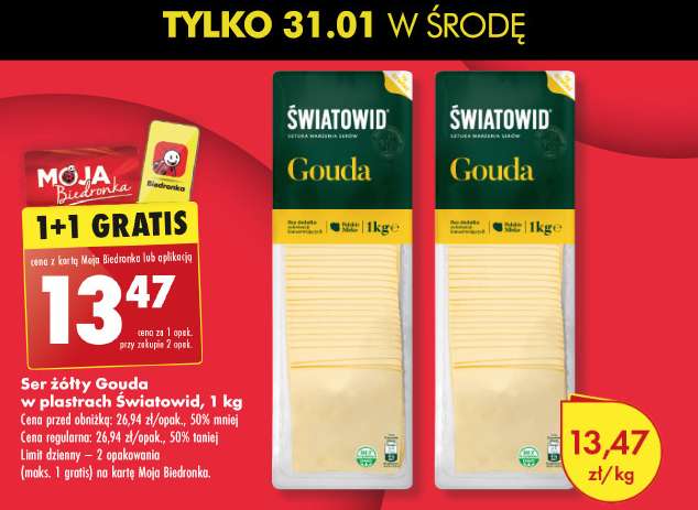 Ser żółty Gouda w plastrach Swiatowid kg 1+1 gratis @Biedronka
