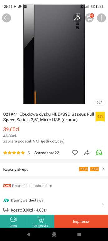 Obudowa dysku HDD/SSD Baseus Full Speed Series, 2,5", Micro USB (czarna)