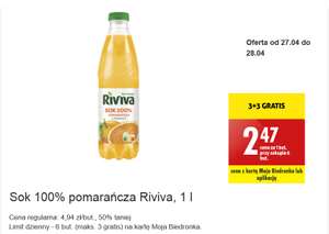 Riviva Sok pomarańczowy 100 % cena przy zakupie 6 butelek @Biedronka