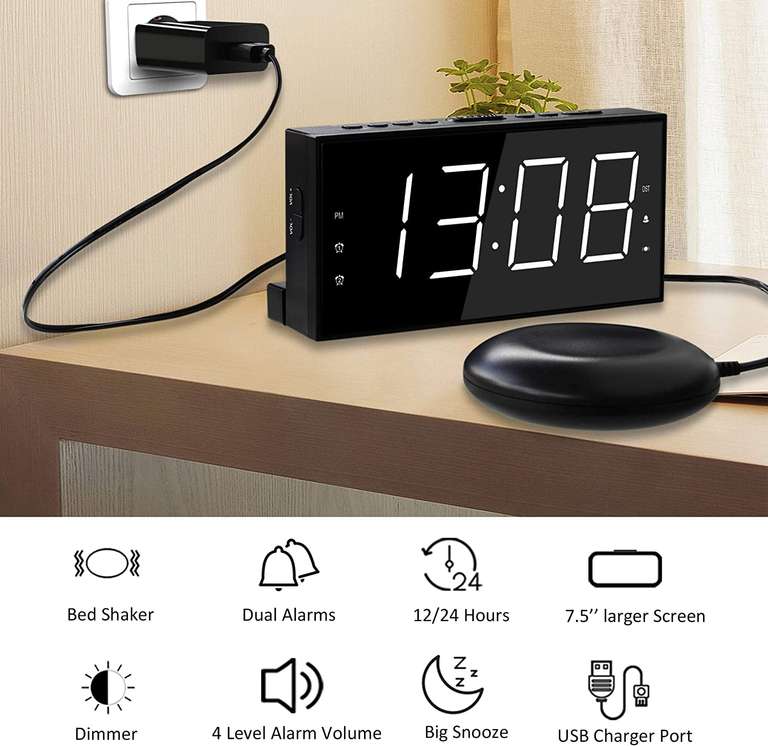 Mesqool Głośny budzik wibracyjny z funkcją drzemki dla osób niedosłyszących, podwójny alarm, ładowarka USB, duży wyświetlacz, drzemka,