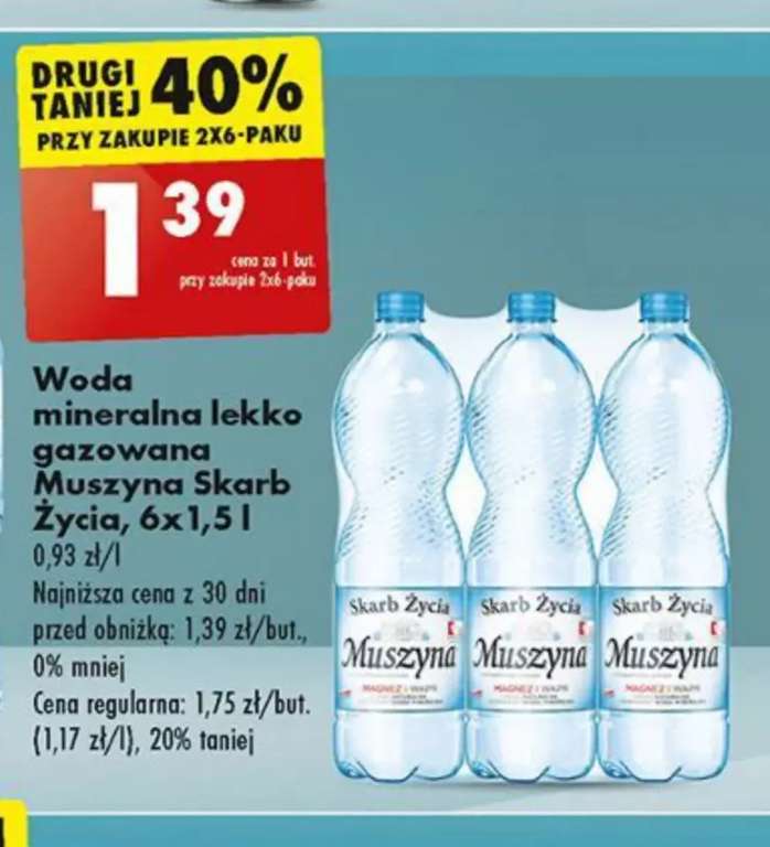 Woda mineralna skarb życia Muszyna lekko gazowana 1.39zl/szt @ Biedronka