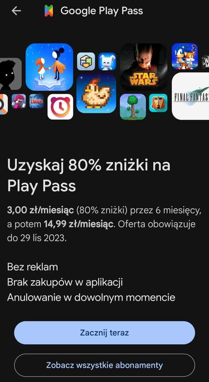 -80% na subskrypcję Google Play Pass przez 6 miesięcy