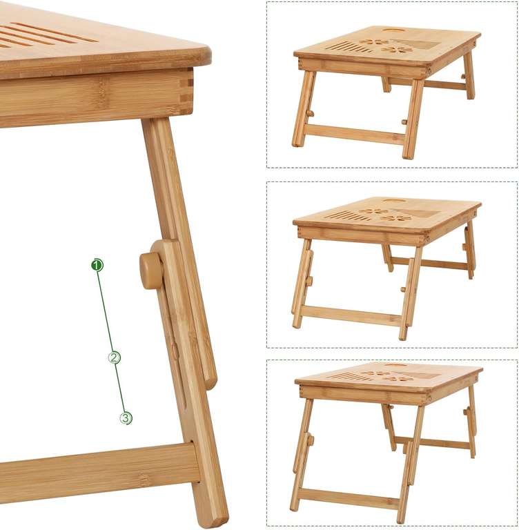 SONGMICS - drewniany stolik/stojak pod laptopa z tacą śniadaniową, składane nogi, regulacja wysokości, 55x35x29cm (cena tylko z Prime)