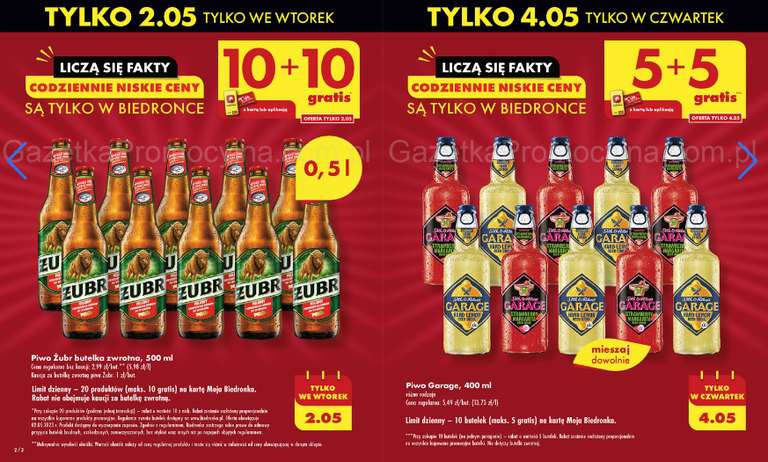 Piwa w butelkach Żubr 10+10 gratis i Garage 5+5 gratis