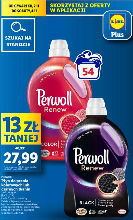Płyn Perwoll 2,97l do prania kolorowych lub czarnych tkanin z aplikacją Lidl Plus