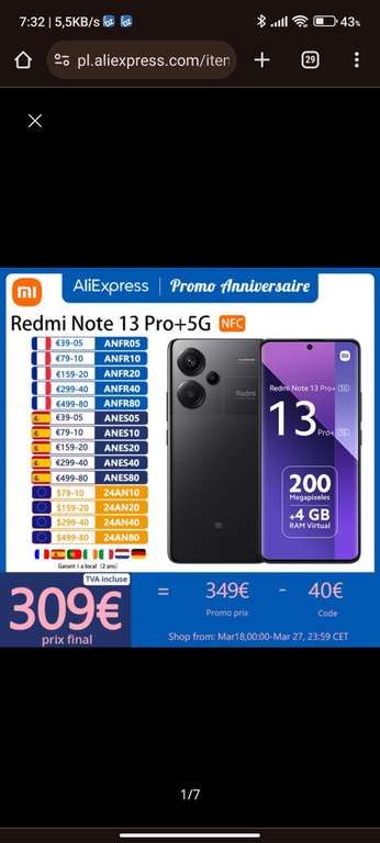 Xiaomi Redmi Note 13 Pro plus 5G ,8/256 US $314.96