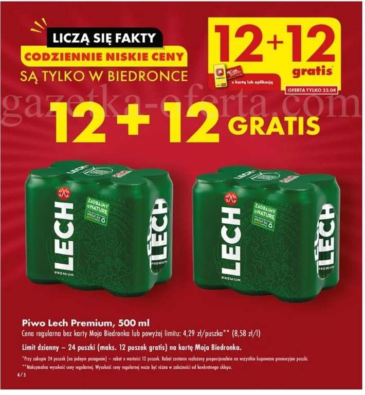 Piwo Lech Premium 500ml 12+12 GRATIS @Biedronka