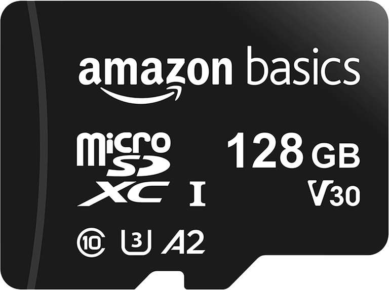 Amazon Basics - Karta pamięci 128 GB microSDXC z pełnym rozmiarem adaptera, A2, U3, prędkość odczytu do 100 MB/s