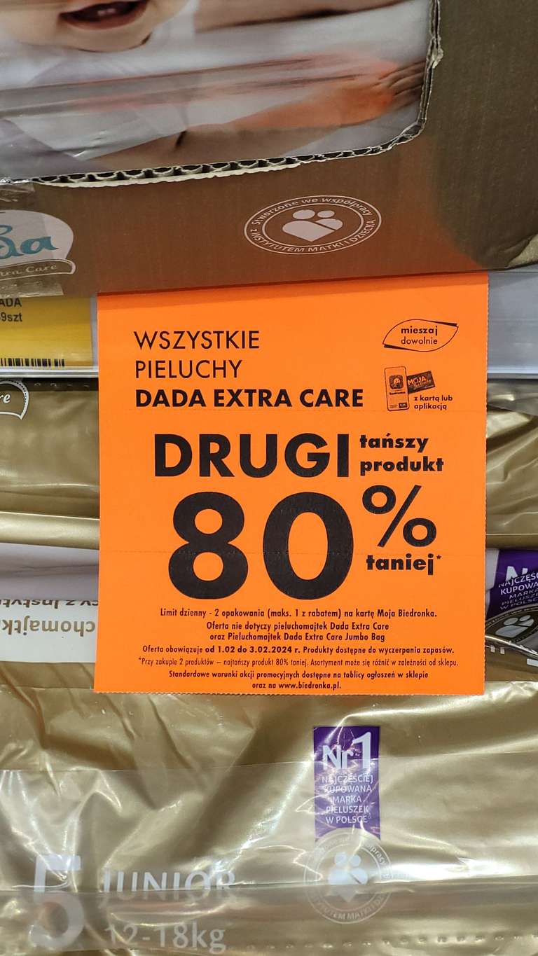 Pieluchy Dada Extra Care drugi produkt 80% taniej