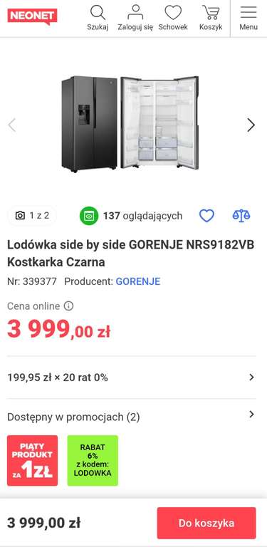 Lodówka side by side GORENJE NRS9182VB Kostkarka Czarna