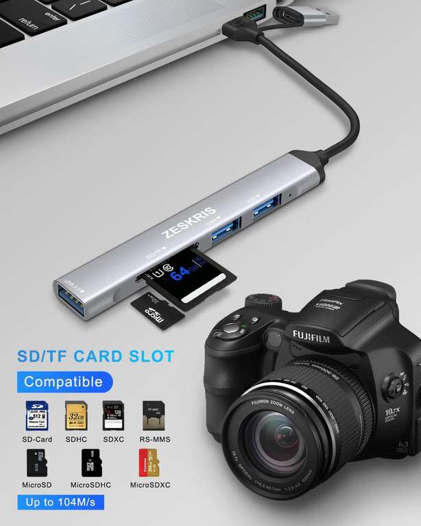 ZESKRIS - Hub USB C, 5 portów, ultracienki koncentrator danych z 1 x USB 3.0, 2 x USB 2.0, TF/SD/MicroSD, do laptopa, PS5/PS4 i innych