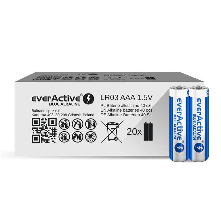 40 x baterie alkaliczne everActive Blue Alkaline LR03 / AAA (pakowane w zgrzewki shrink po 2szt.) - TYLKO DLA NOWYCH