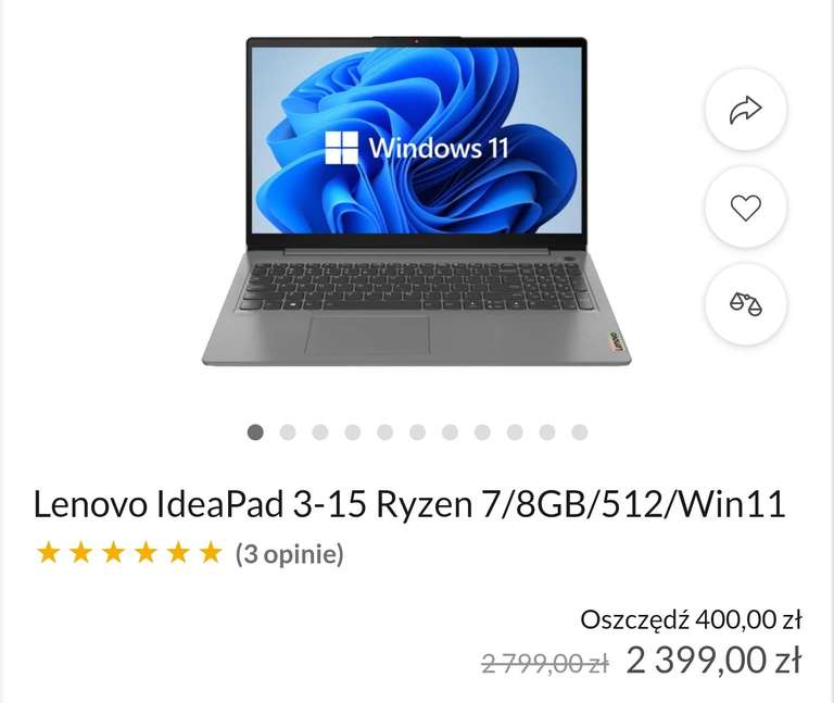 Laptop 15,6 Lenovo IdeaPad 3-15 Ryzen 5700u/8GB/512SSD/Win11/IPS 300nitów