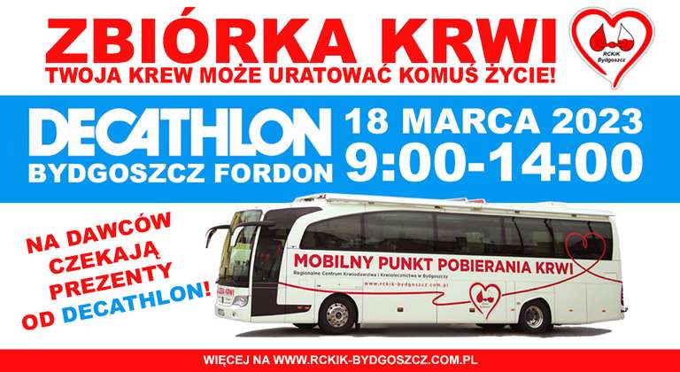 Oddaj krew w mobilnym punkcie poboru krwi w Bydgoszcz Fordon i odbierz prezenty od Decathlon