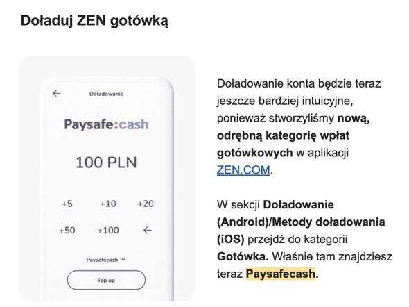 Darmowa wpłata gotówki przez Paysafecash w ZEN