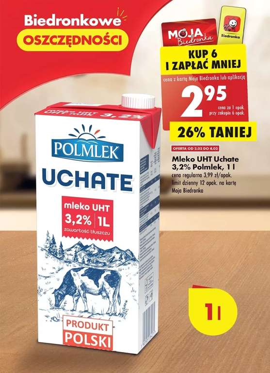 Mleko UHT Uchate 3,2% Polmlek, 1l z karta MB lub aplikacją @ Biedronka