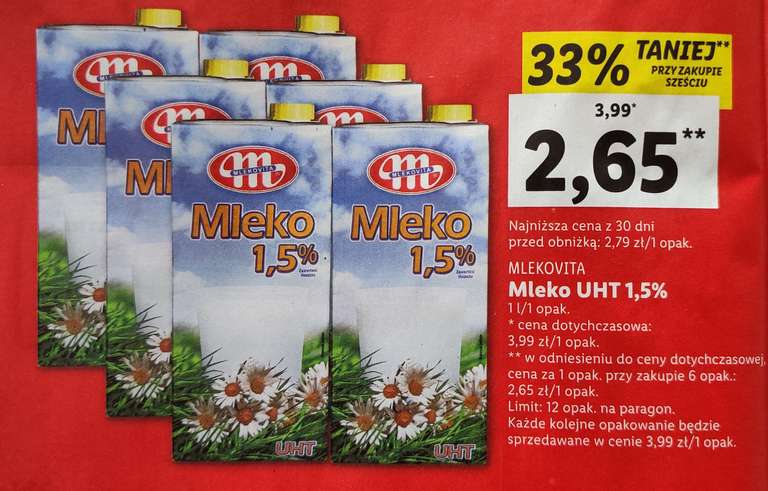 Mleko UHT 1,5% MLEKOVITA w opakowaniu 1L. LIDL