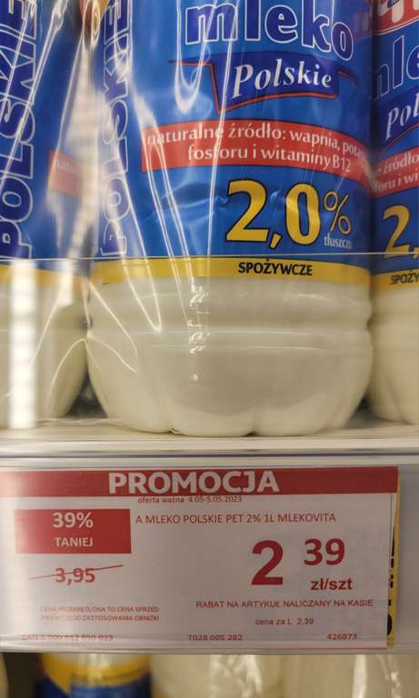 Mleko Polskie Mlekovita 2% 2,39zł/l Auchan M1 Marki