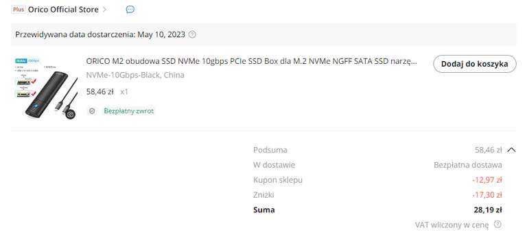 ORICO M2 SSD NVME 10Gbps - obudowa na dysk (możliwe 28 zł)