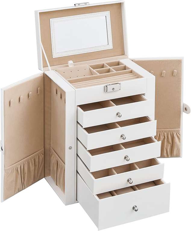 Duża szkatułka na biżuterię SONGMICS (6-poziomowa, z bocznymi drzwiczkami, szufladami, lustrem i zamknięciem, biała) @ Amazon