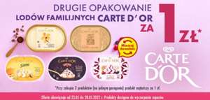 Drugie opakowanie lodów familijnych Carte D'or za 1 zł (cena za 1 sztukę 8,50 zł przy zakupie 2)