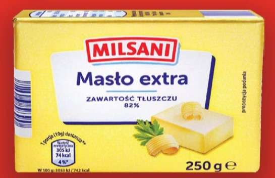 Milsani Masło Extra (82% tłuszczu) 250g (czyli 50g więcej niż aktualny standard). Piątek, 8.12