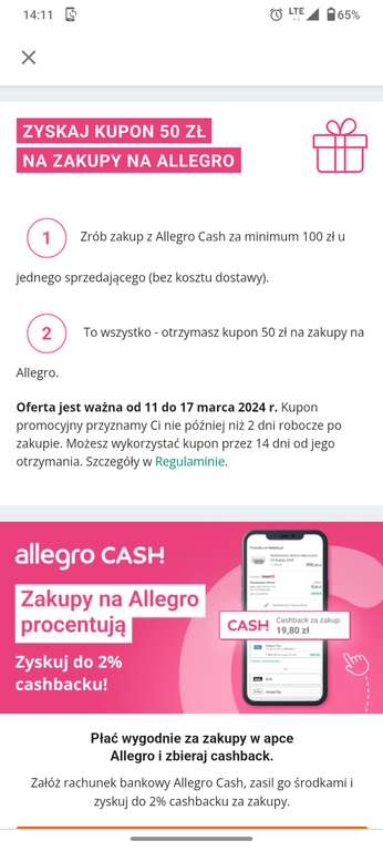 Kupon 50 zł na zakupy Allegro za aktywację usługi Allegro Cash (usługa dostępna aktualnie dla wybranych)