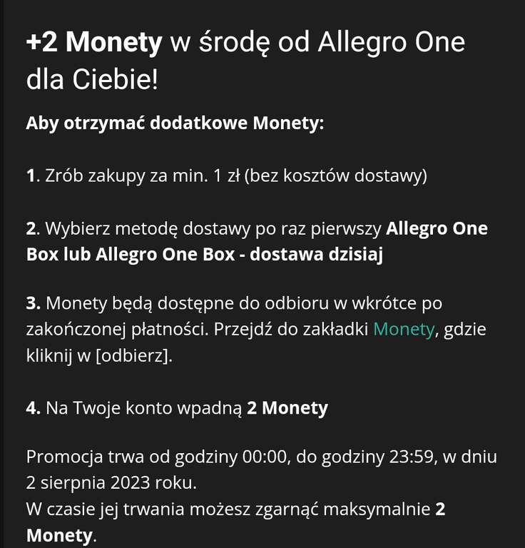 +2 Monety przez cały sierpnień w środy przy zamówieniu z dostawą Allegro One Box