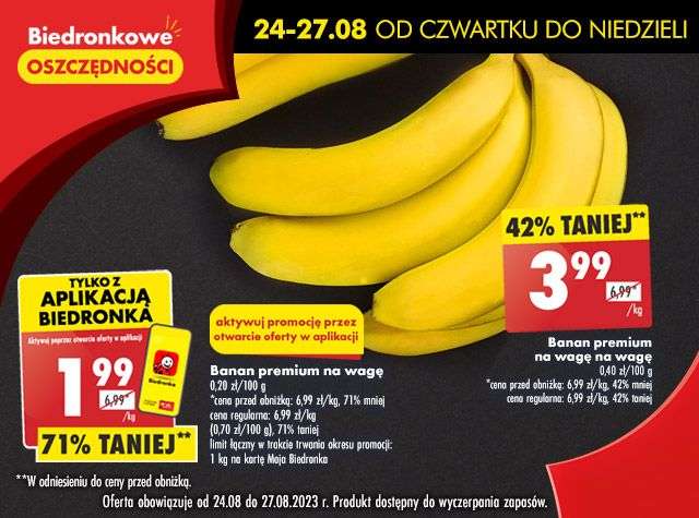 Banany 1,99 za 1kg z aplikacją Biedronka (max 1kg na cały okres promocji)
