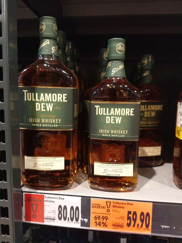 Whiskey Tullamore Dew, różne pojemności 1l 80 zł, 0.7l 59,90 zł, @Kaufland, Dąbrowa Górnicza