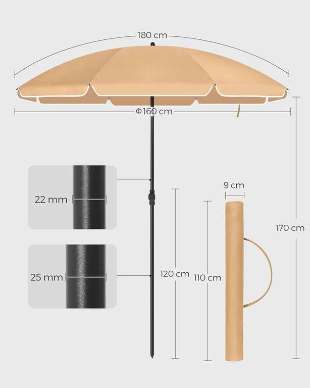 Songmics parasol plażowy / ogrodowy 1.6 m UPF 50+ (różne warianty (w tym 2m), patrz opis)