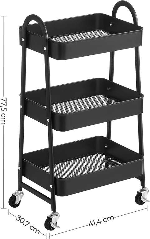 SONGMICS Wózek z 3 poziomami, metalowy wózek kuchenny do serwowania, z uchwytami, 2 hamulce, łatwy montaż, sypialnia, pralnia, czarny