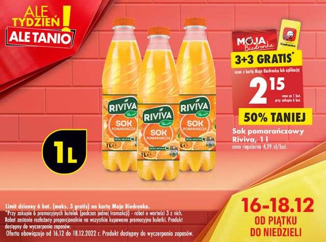 Sok Pomarańczowy Riviva 1l 3+3 gratis z kartą - Biedronka