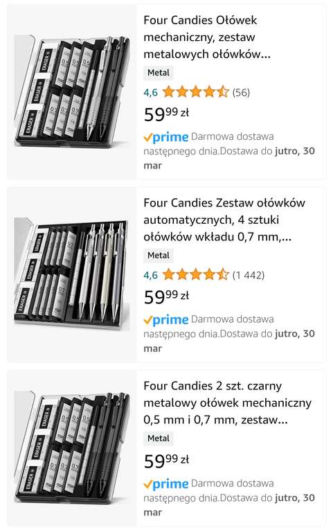 Four Candies Zestaw 4 ołówków mechanicznych 0,9 mm z 8 rurkami HB 2 ołowiu, 3 gumkami 4B i piórnikiem.