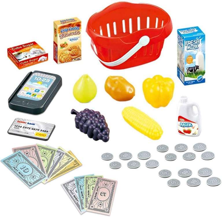 deAO Elektroniczna kasa fiskalna do zabawy w supermarket dla dzieci - kasa sklepowa, skaner, karta płatnicza, banknoty oraz koszyk na zakupy