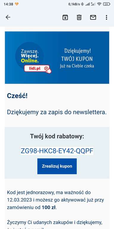 [Lidl.pl] 10zł za zapisanie się do newslettera mwz. 100zł