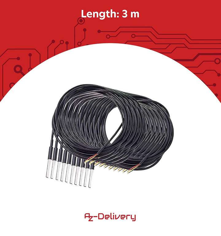 AZDelivery 5 x 3m kabel DS18B20 cyfrowy czujnik temperatury ze stali nierdzewnej sonda temperatury, kompatybilny z Arduino i Raspberry
