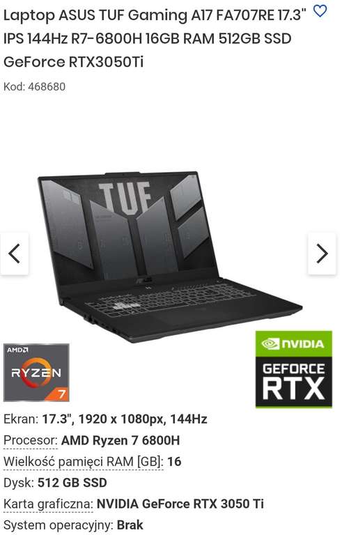 Laptop ASUS TUF Gaming A17 FA707RE 17.3" IPS 144Hz R7-6800H 16GB RAM 512GB SSD GeForce RTX3050Ti