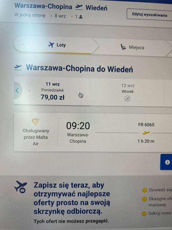 Bilety lotnicze Warszawa Chopin - Wieden - OW Wrzesień