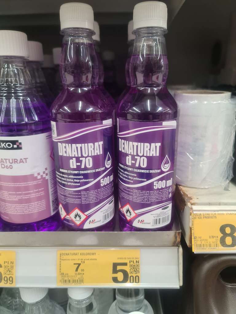 Alkohol etylowy, denaturat d70 jasny lub ciemny, butelka 0,5l do czyszczenia farb, lakierów spirytusowych w Auchan