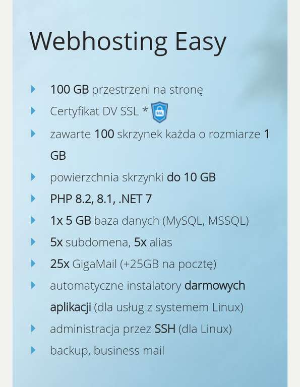 Usługa internetowa subskrypcja Webhosting Easy 1,23zl/miesiąc (14,70zl/rok brutto) z kodem HOST90 (kod wpisujemy w ostatnim kroku)