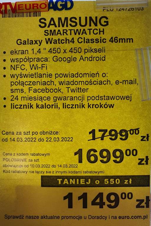 Euro RTV Agd Smartwatch Samsung Galaxy Watch 4 classic zwrot 550zl za opinię