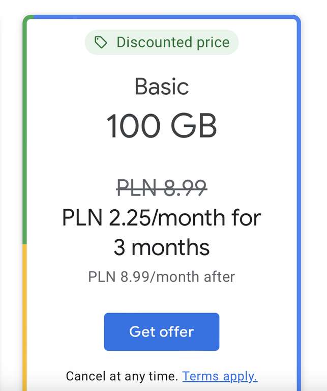 Google One 100GB za 2.25/mies przez 3 miesiące (dla nowych subskrybentów)