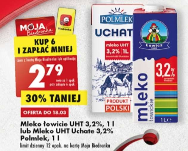 Mleko 3,2% Łowickie lub Uchate 1L cena sztuki przy zakupie 6 @Biedronka