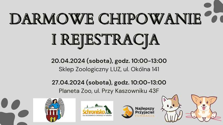 Darmowa akcja chipowania psów i kotów wraz z rejestracją w Toruniu