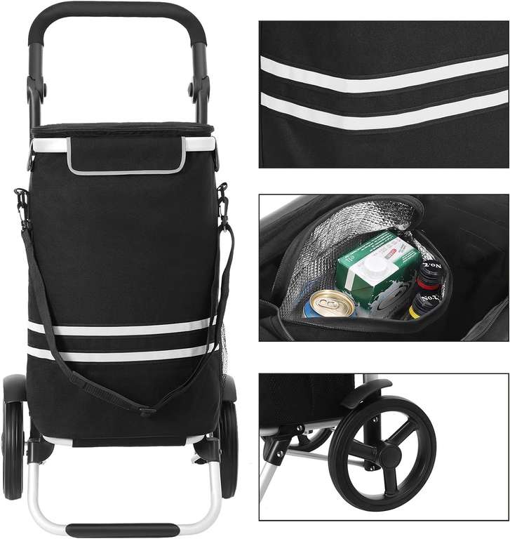 SONGMICS wózek na zakupy, składany, stabilny, z kieszenią chłodzącą, duża pojemność 35 l, wielofunkcyjny, zdejmowana torba, czarny