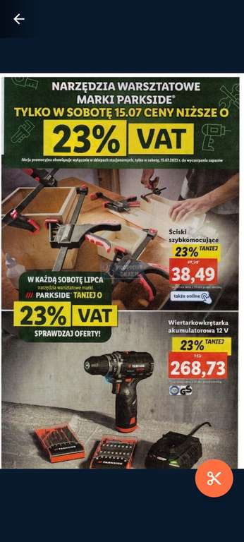 -23% na narzędzia warsztatowe Parkside w każdą sobotę lipca w Lidl stacjonarnie (dodatkowo online na wybrane urządzenia)