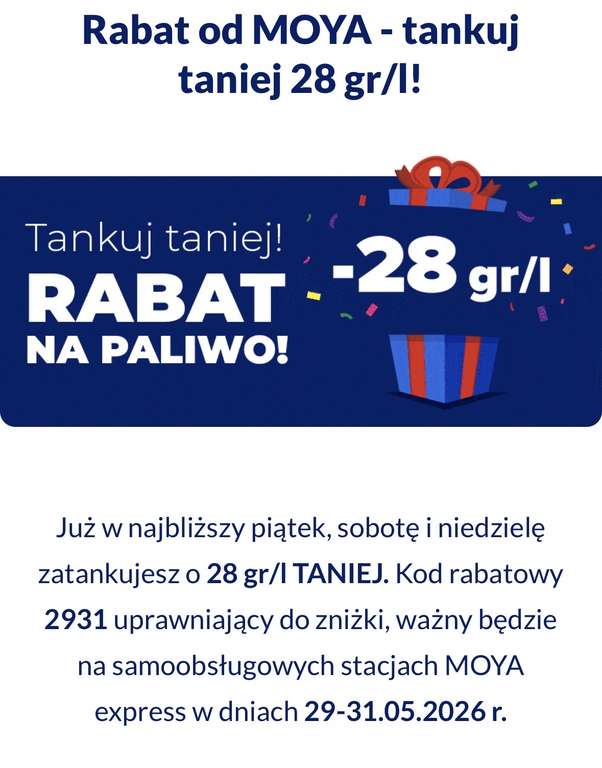 Rabat na paliwo od MOYA express tankuj taniej 28 gr/l