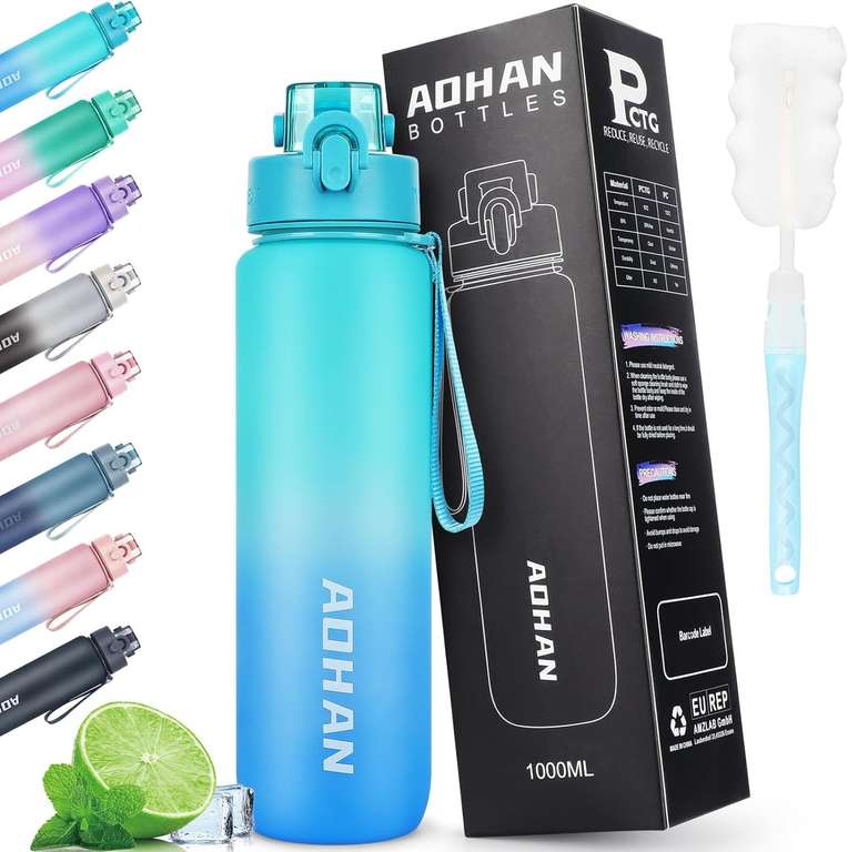 AOHAN - sportowa butelka na wodę z Tritanu, 1L - bez BPA, otwierana na przycisk, z filtrem, szczelna - granatowa + inne kolory