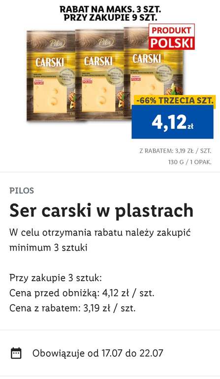 Ser Carski w plastrach -66% na trzecią sztukę (24,54 zł/kg) | Lidl